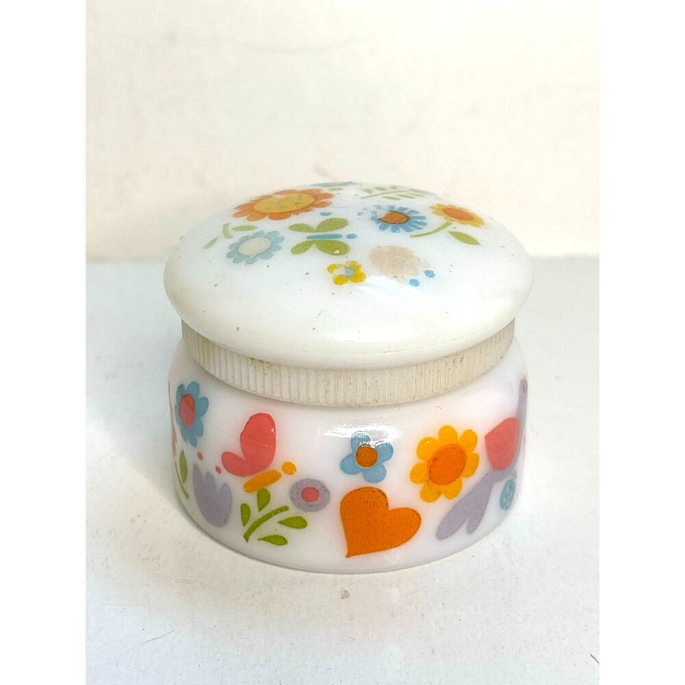 Vintage Avon Flower Talk Cream Sachet .66 oz Hippie 1970s Milk Glass Jar
